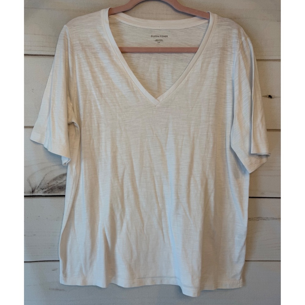 Eileen Fisher White 100% Organic Cotton V-Neck Slub Tee Shirt Small S19SOJ